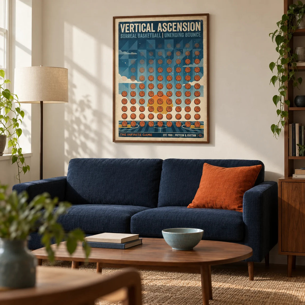 Abstract Sports Wall Art, framed on the wall of a design-led living room in a young adult's first UK flat (22-28)