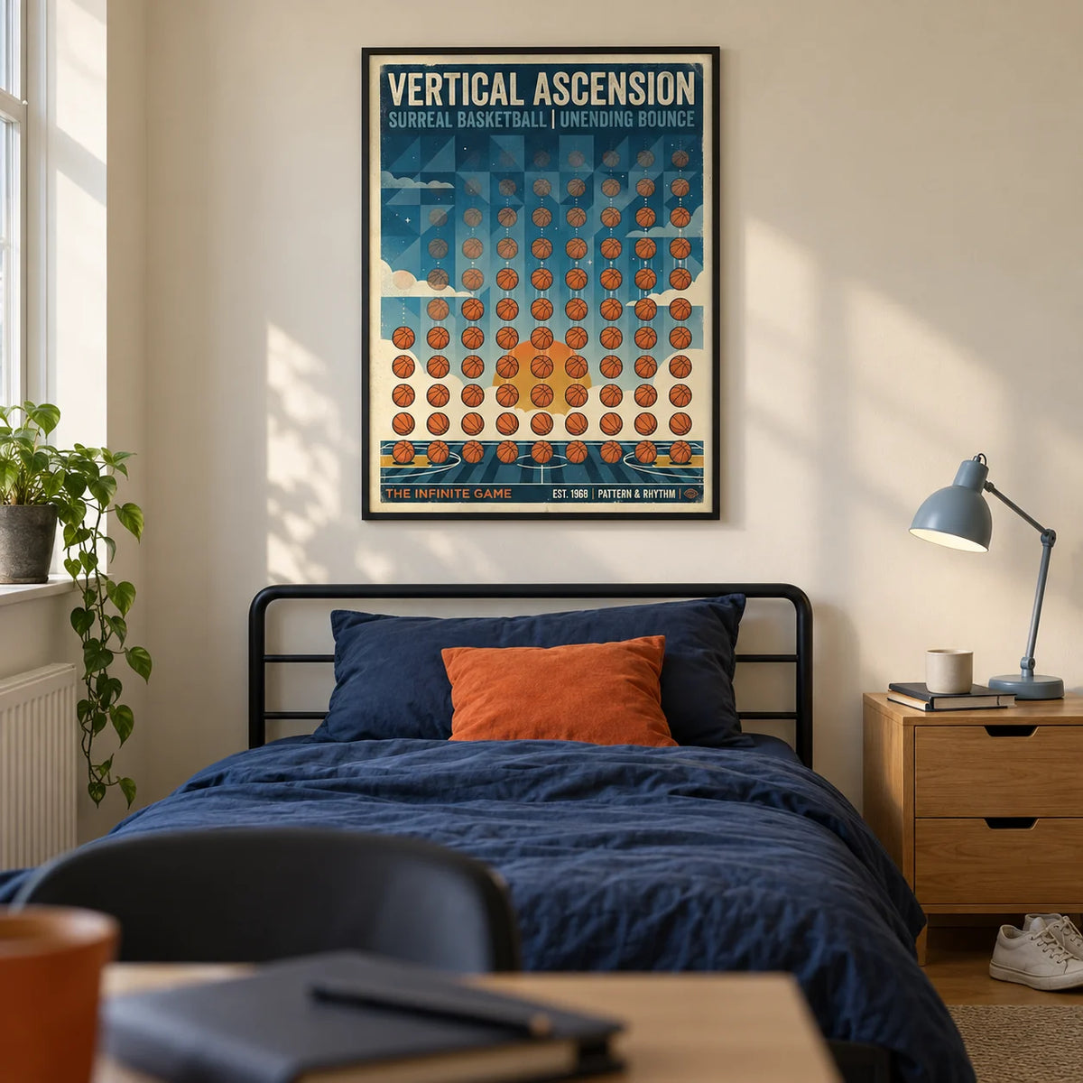 Abstract Sports Wall Art, framed on the wall of a modern basketball-loving teen's single bedroom (16-17) in a UK terraced house with a warm cream wall and oak floor