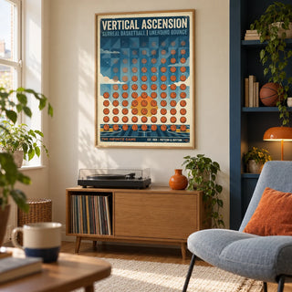 Abstract Sports Wall Art, framed on the wall of a small basketball fan's games snug in a UK maisonette with a cream wall and dark blue painted alcove in a living room