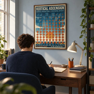 Abstract Sports Wall Art, framed on the wall of a young adult's home study (25-35) in a UK flat with a muted pale blue wall and a walnut desk
