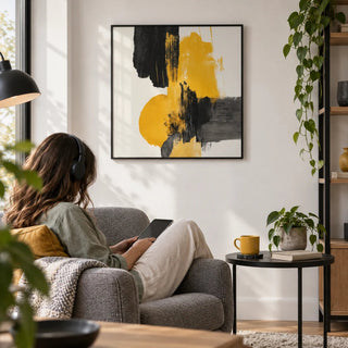 Abstract Square Art Print, framed on the wall of a corner of a modern flat with a white wall in a living room