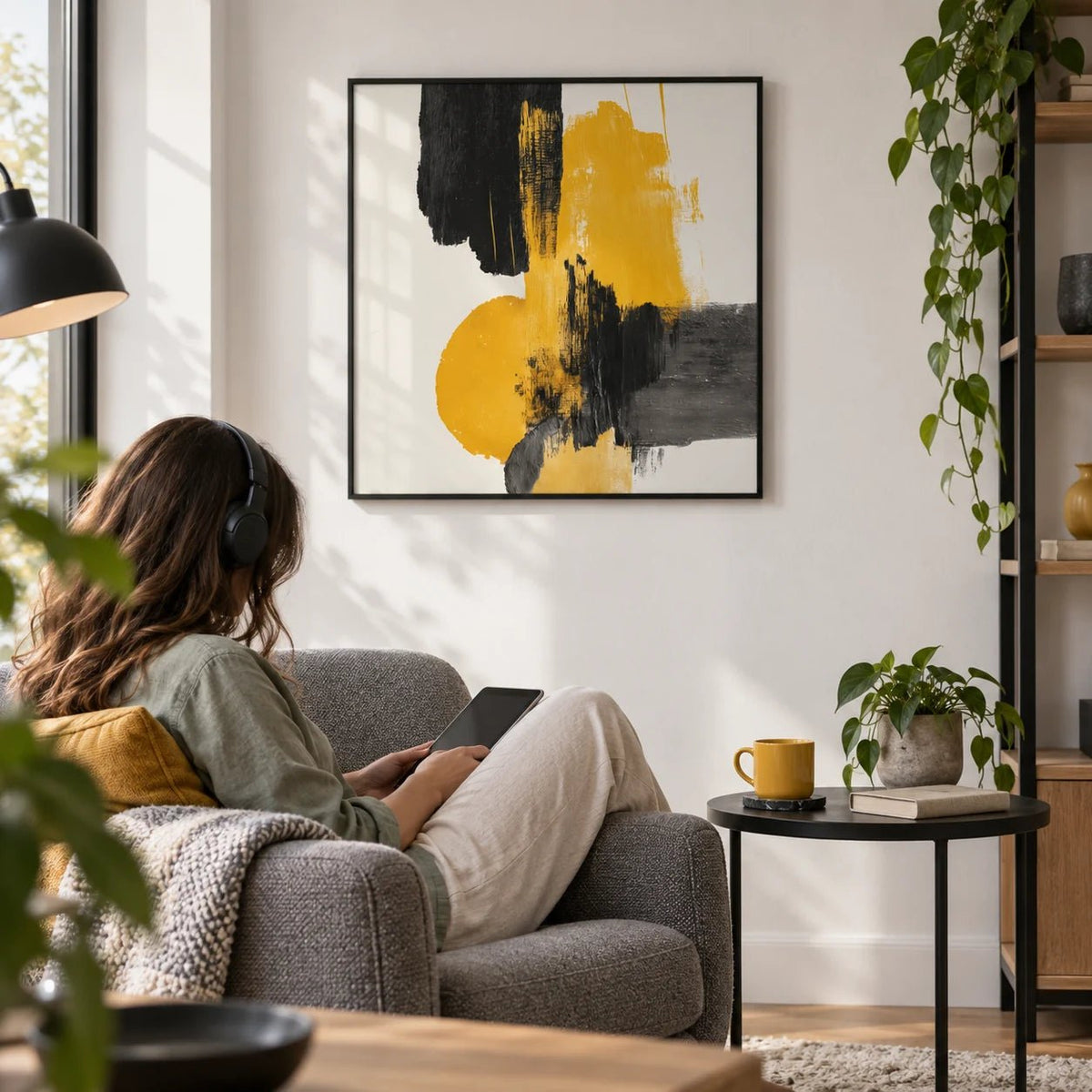 Abstract Square Art Print, framed on the wall of a corner of a modern flat with a white wall in a living room