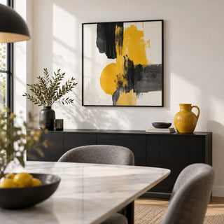 Abstract Square Art Print, framed on the wall of a crisp dining room with a white wall
