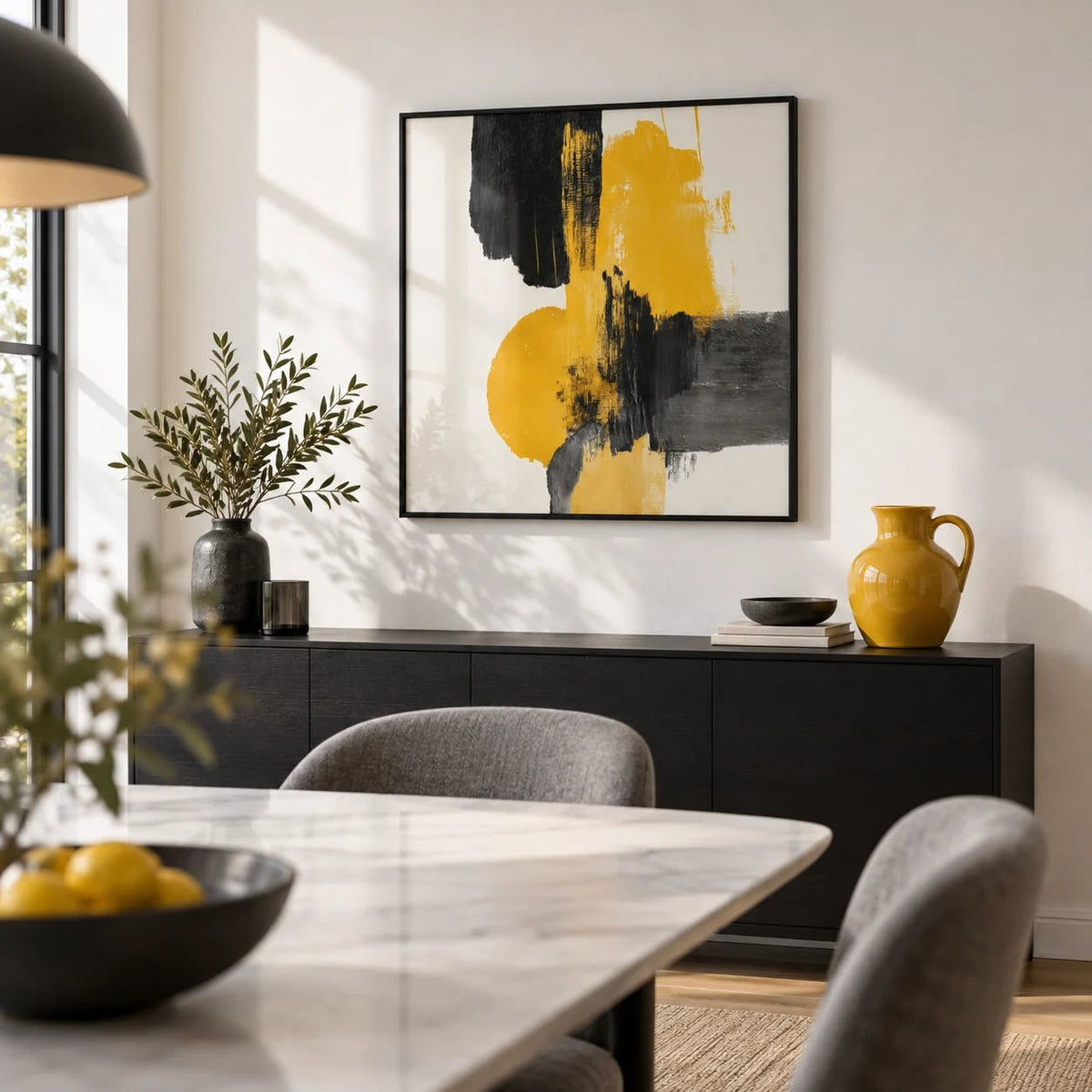 Abstract Square Art Print, framed on the wall of a crisp dining room with a white wall
