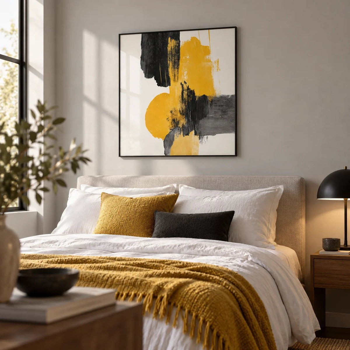 Abstract Square Art Print, framed on the wall of a modern bedroom with a soft grey wall