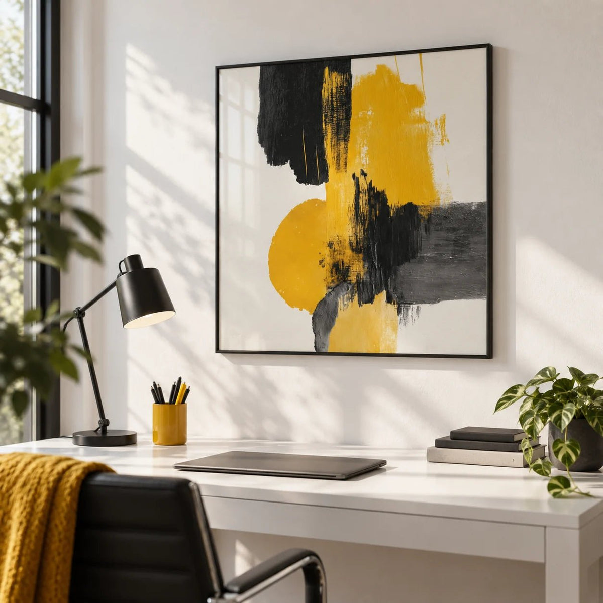 Abstract Square Art Print, framed on the wall of a modern home office with a white wall