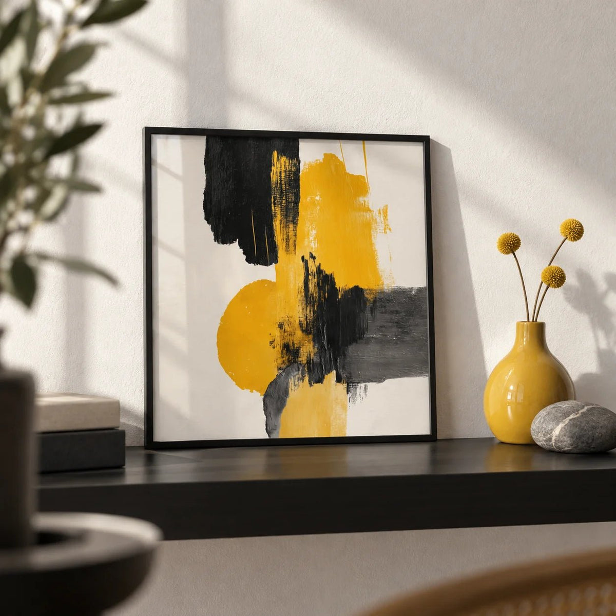 Abstract Square Art Print, a small A4 framed print leaning on a black shelf in a living room