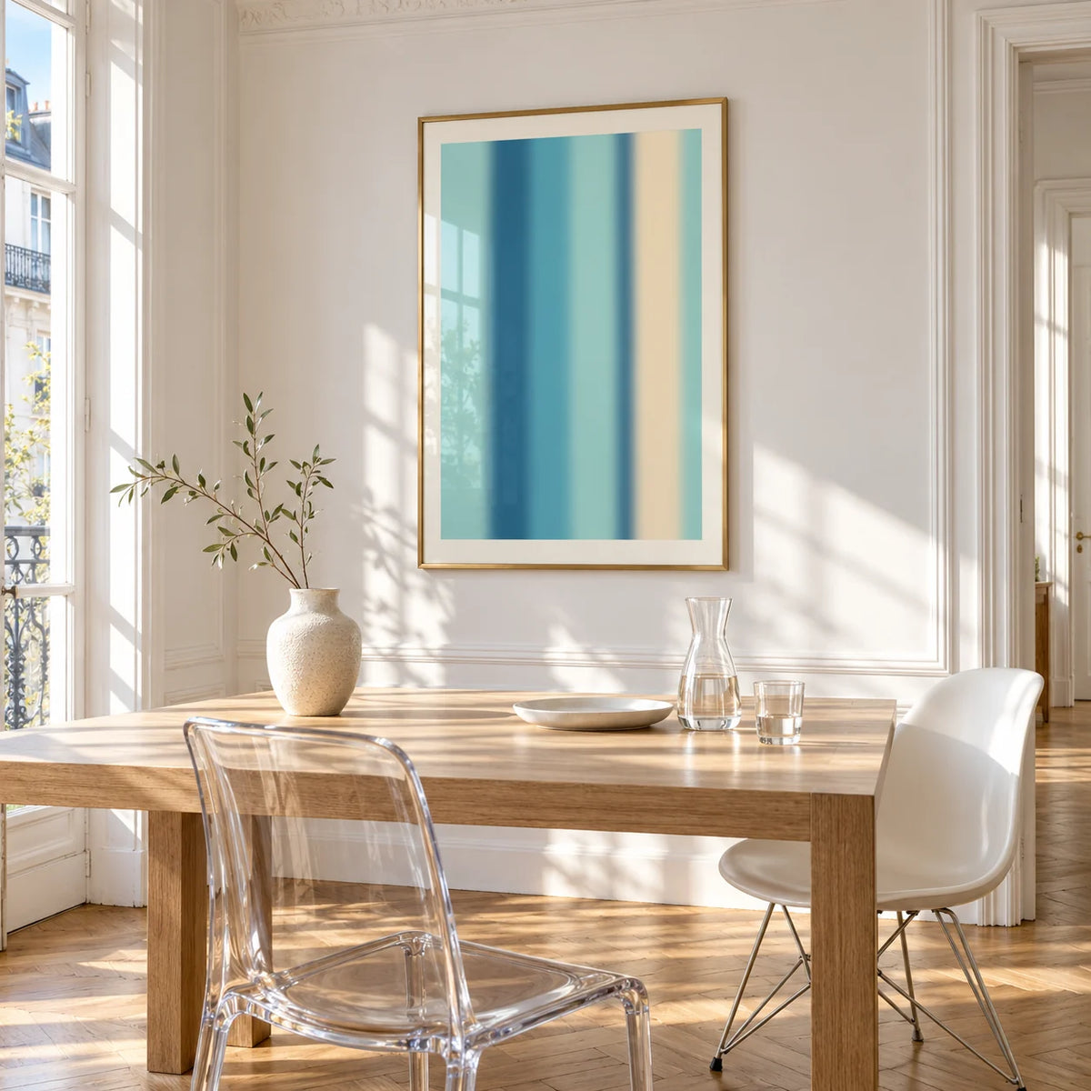 Abstract Stripe Print, framed on the wall of a bright dining corner