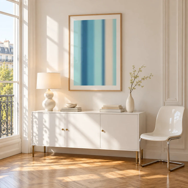 Abstract Stripe Print, framed on the wall of a bright Paris style apartment in a living room