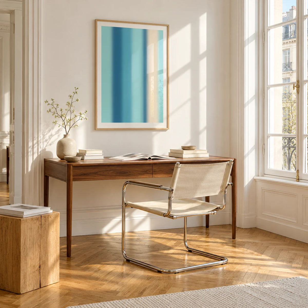 Abstract Stripe Print, framed on the wall of a bright study corner with a tall white paned window