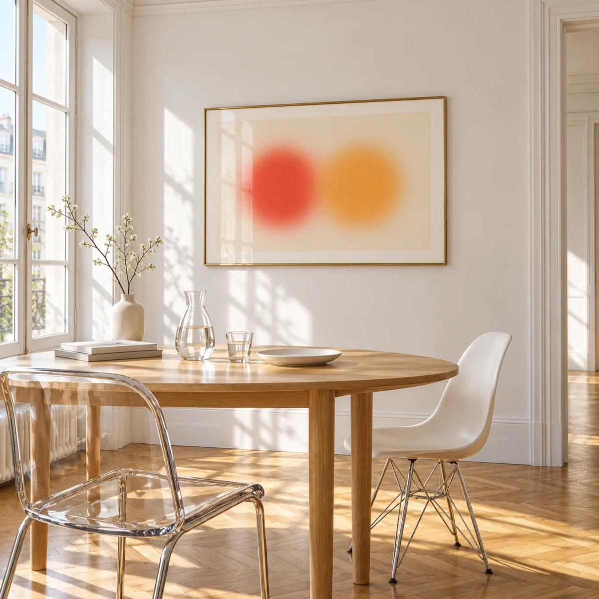 Abstract Sun Wall Art, framed on the wall of a bright dining corner