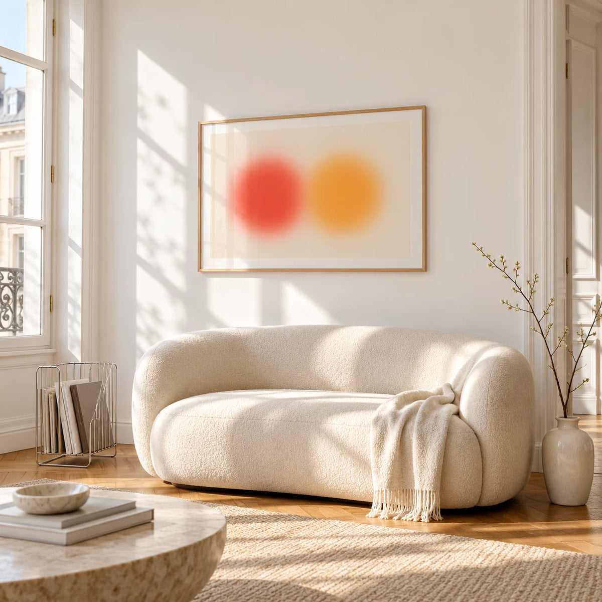 Abstract Sun Wall Art, framed on the wall of a bright living room corner