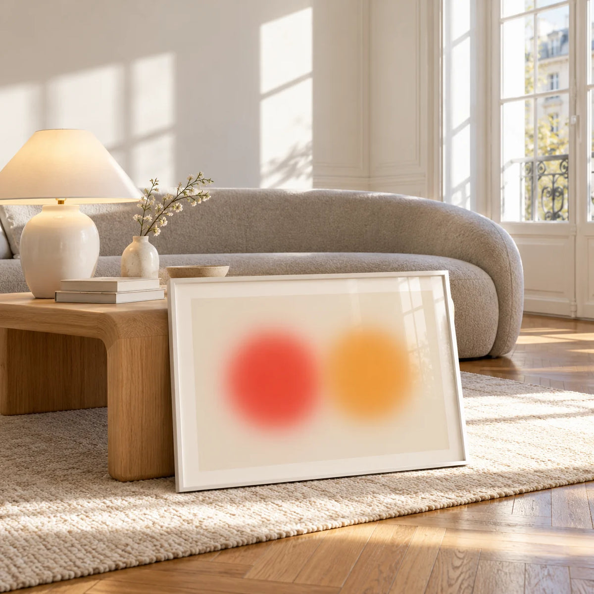 Abstract Sun Wall Art, framed and leaning against a coffee table in a bright living room