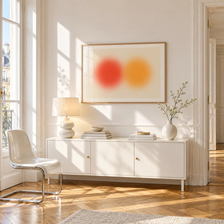 Abstract Sun Wall Art, framed on the wall of a bright Paris style apartment in a living room