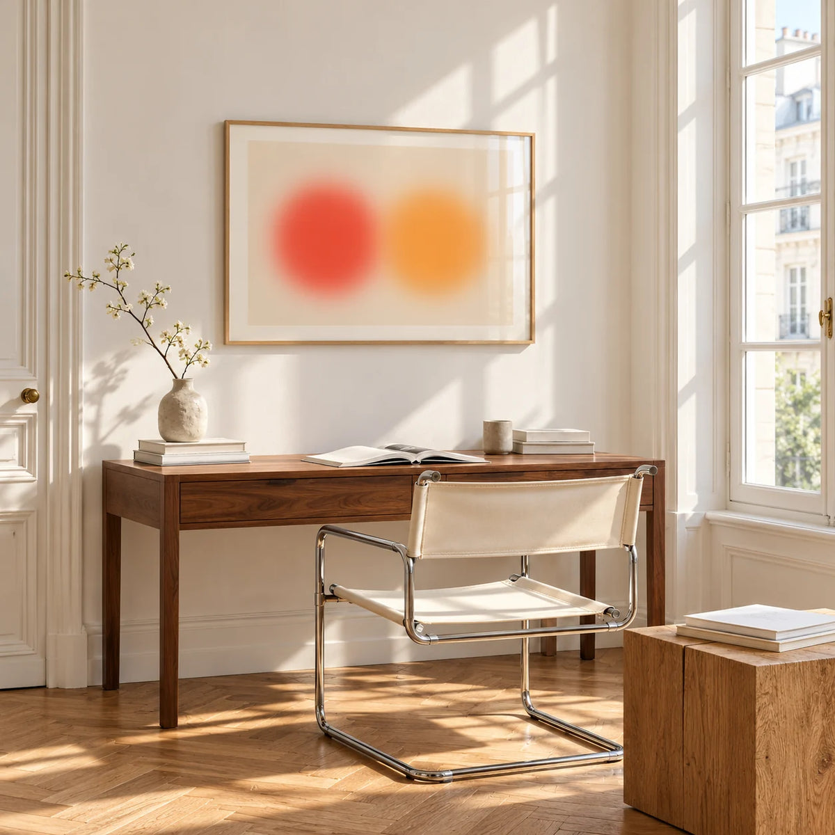 Abstract Sun Wall Art, framed on the wall of a bright study corner with a tall white paned window