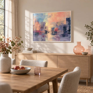 Abstract Sunset Art Print, framed on the wall of a calm dining room