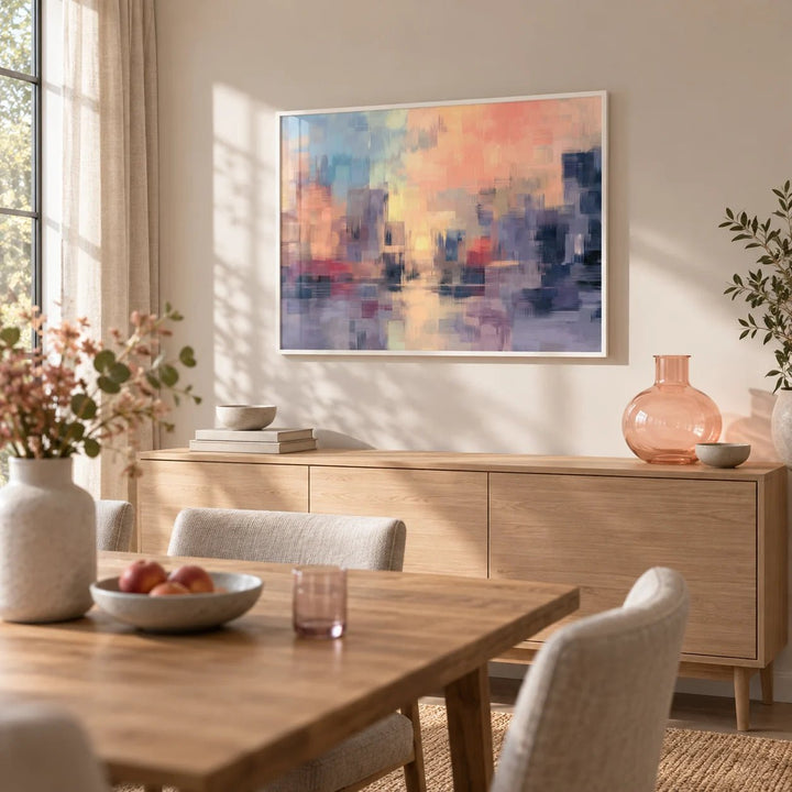 Abstract Sunset Art Print, framed on the wall of a calm dining room