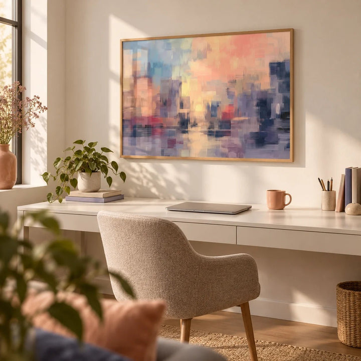 Abstract Sunset Art Print, framed on the wall of a calm home office