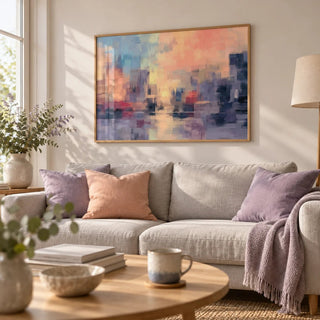 Abstract Sunset Art Print, framed on the wall of a calm modern living room