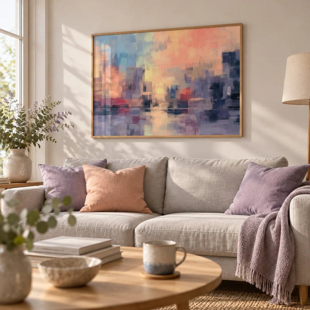 Abstract Sunset Art Print, framed on the wall of a calm modern living room