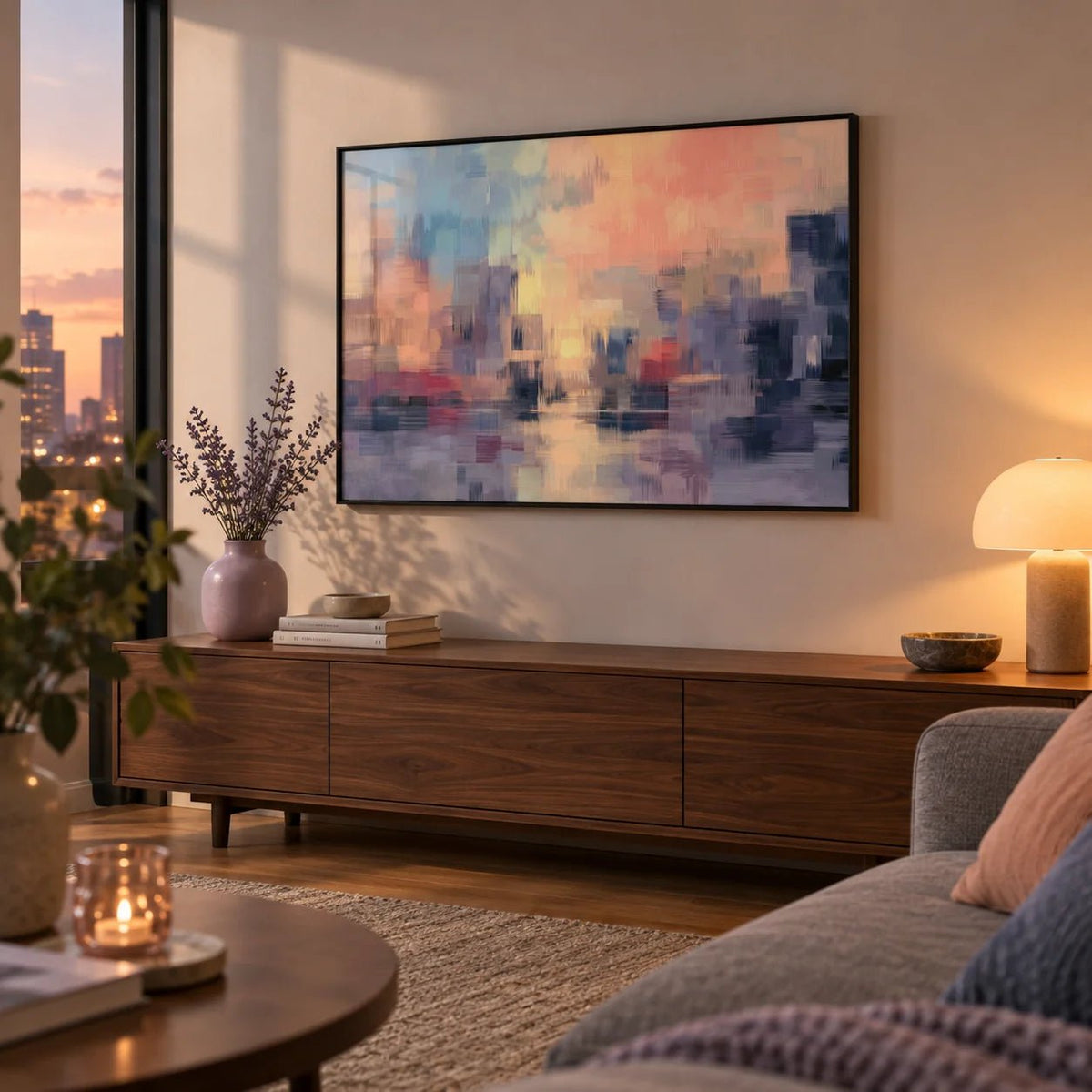 Abstract Sunset Art Print, framed on the wall of a city flat living space at dusk in a living room