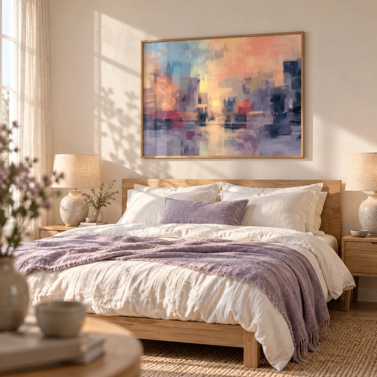 Abstract Sunset Art Print, framed on the wall of a serene bedroom