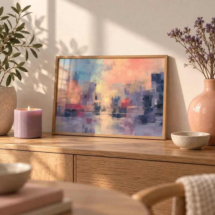 Abstract Sunset Art Print, a small A4 framed print leaning on an oak sideboard in a living room