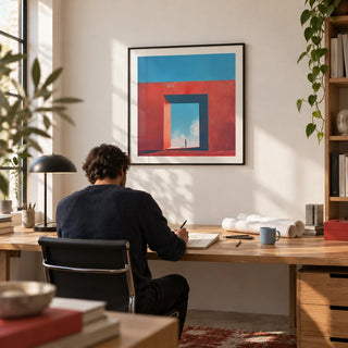 Abstract Surrealism Art, framed on the wall of an architect's home studio with a white wall in a home office