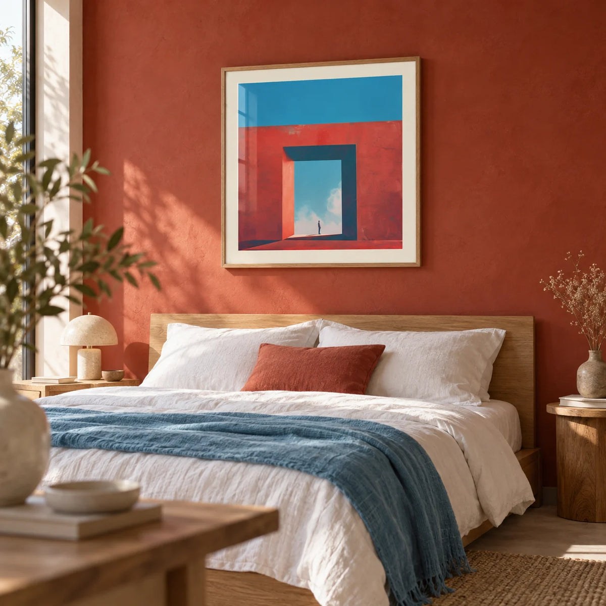 Abstract Surrealism Art, framed on the wall of a calm modern bedroom with one plain terracotta red limewashed wall