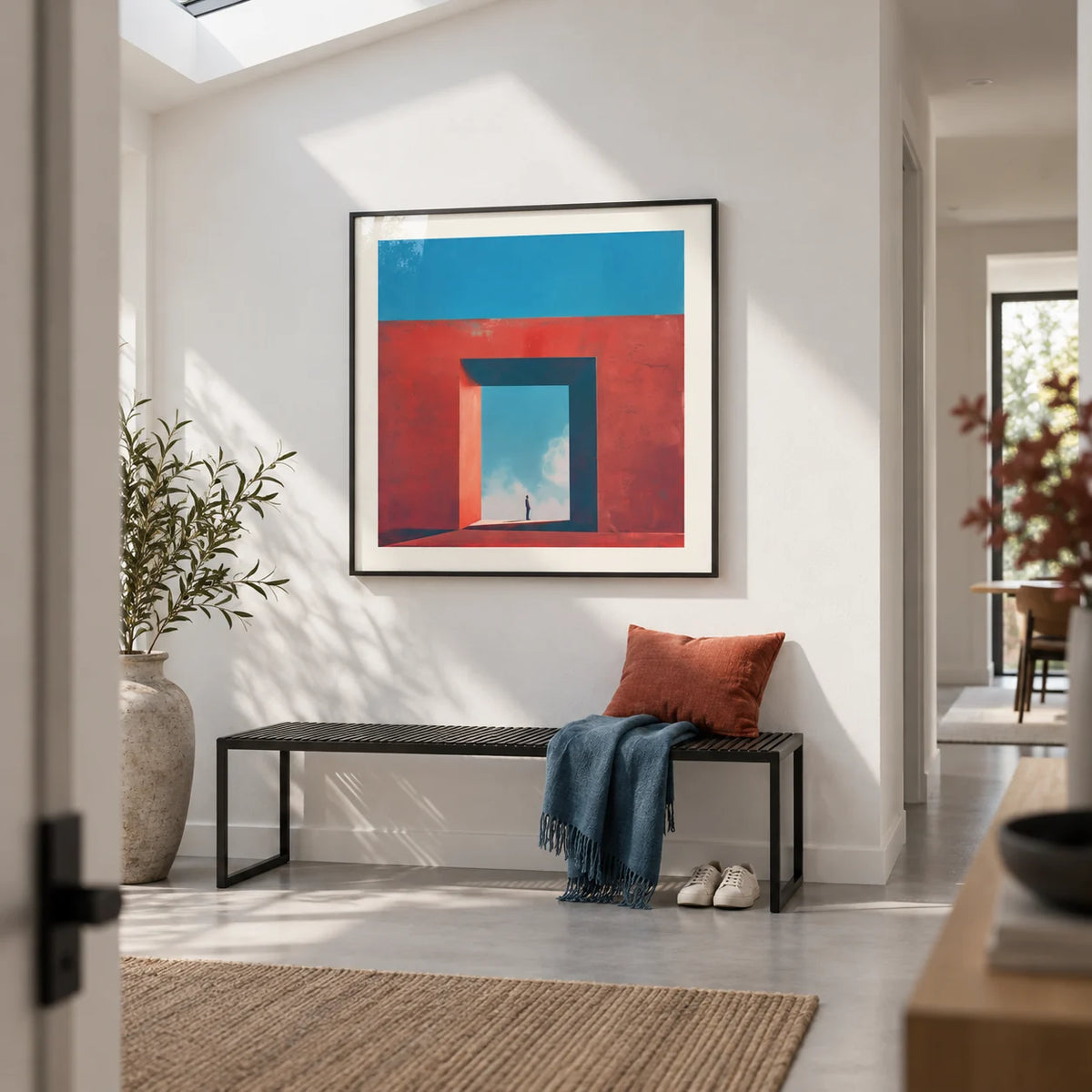 Abstract Surrealism Art, framed on the wall of a crisp white hallway in a modern flat with a pale grey floor