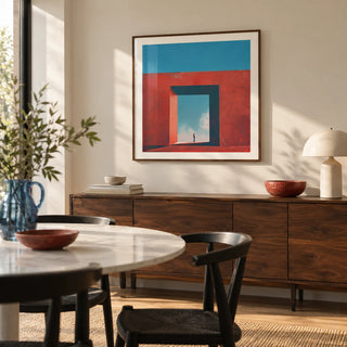 Abstract Surrealism Art, framed on the wall of a modern dining room with a warm white wall