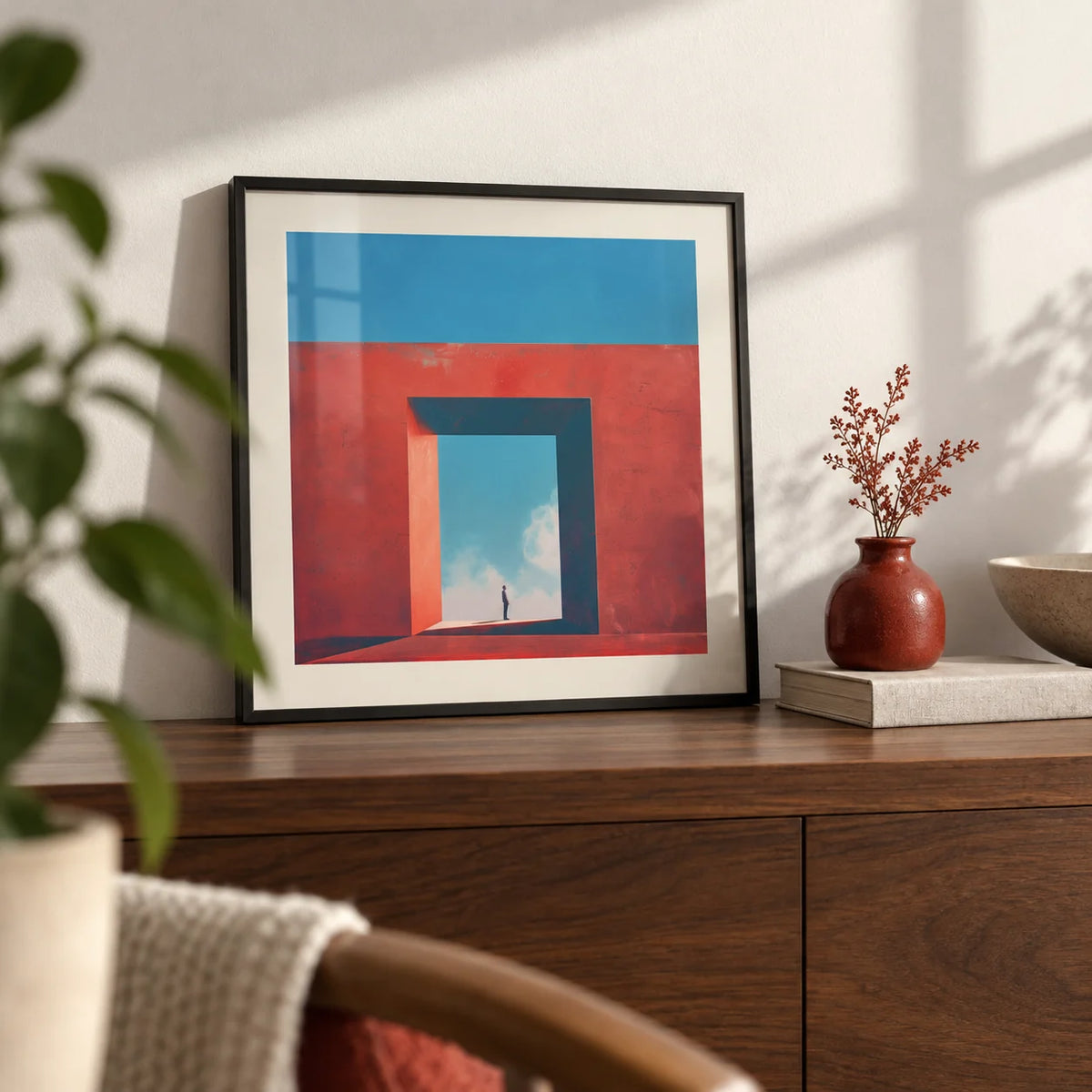 Abstract Surrealism Art, a small A4 framed print leaning on a walnut shelf in a living room