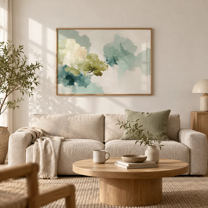 Abstract Tree Art Print, framed on the wall of a calm Japandi living room with a warm white wall