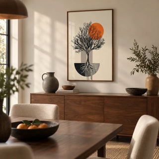 Abstract Tree Wall Art, framed on the wall of a calm dining room