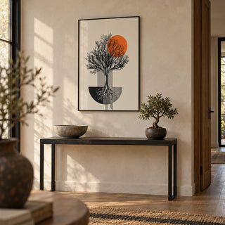 Abstract Tree Wall Art, framed on the wall of a calm entrance hall with a limewashed plaster wall
