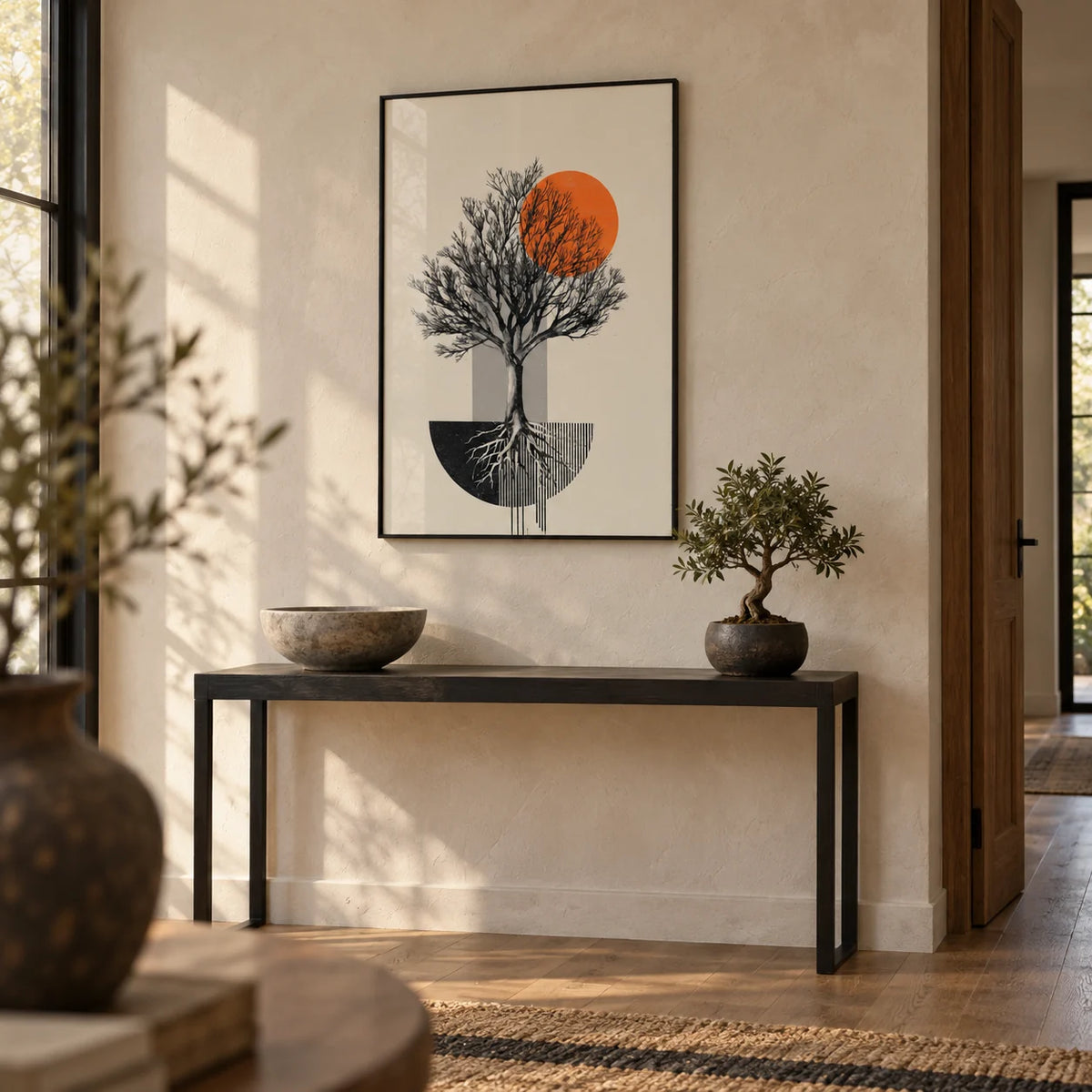 Abstract Tree Wall Art, framed on the wall of a calm entrance hall with a limewashed plaster wall
