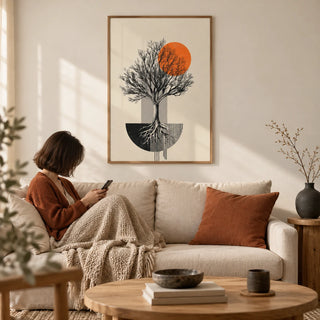 Abstract Tree Wall Art, framed on the wall of a calm Japandi living room with a warm white wall
