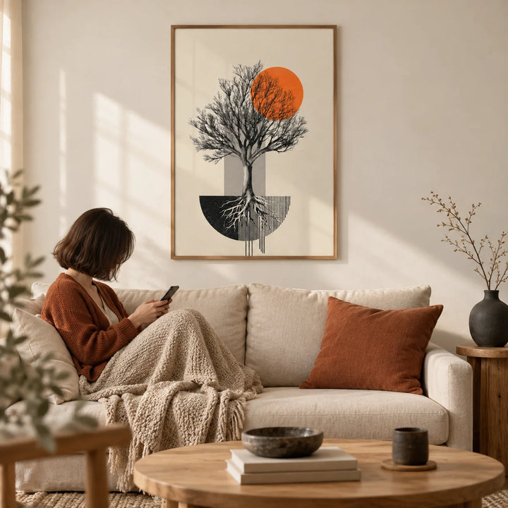 Abstract Tree Wall Art, framed on the wall of a calm Japandi living room with a warm white wall