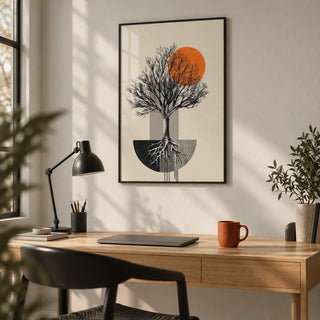 Abstract Tree Wall Art, framed on the wall of a minimal home office