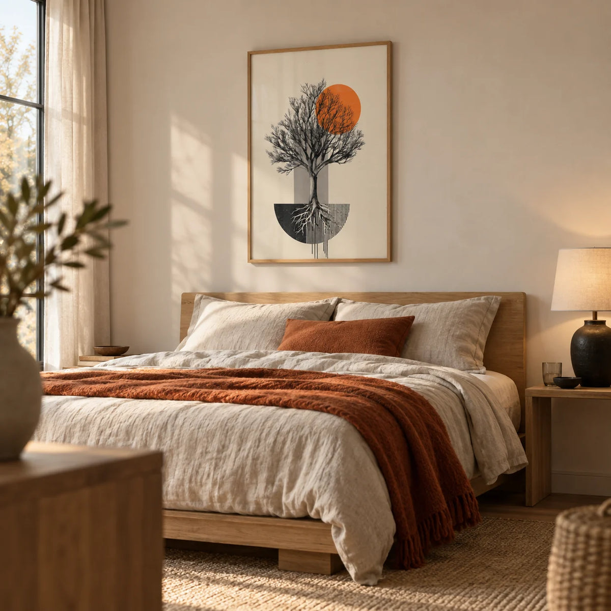 Abstract Tree Wall Art, framed on the wall of a quiet minimal bedroom