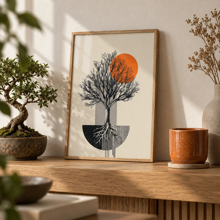 Abstract Tree Wall Art, a small A4 framed print leaning on an oak shelf in a living room