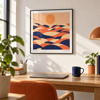 Abstract Wall Art Colorful, framed on the wall of a bright home office with a white wall