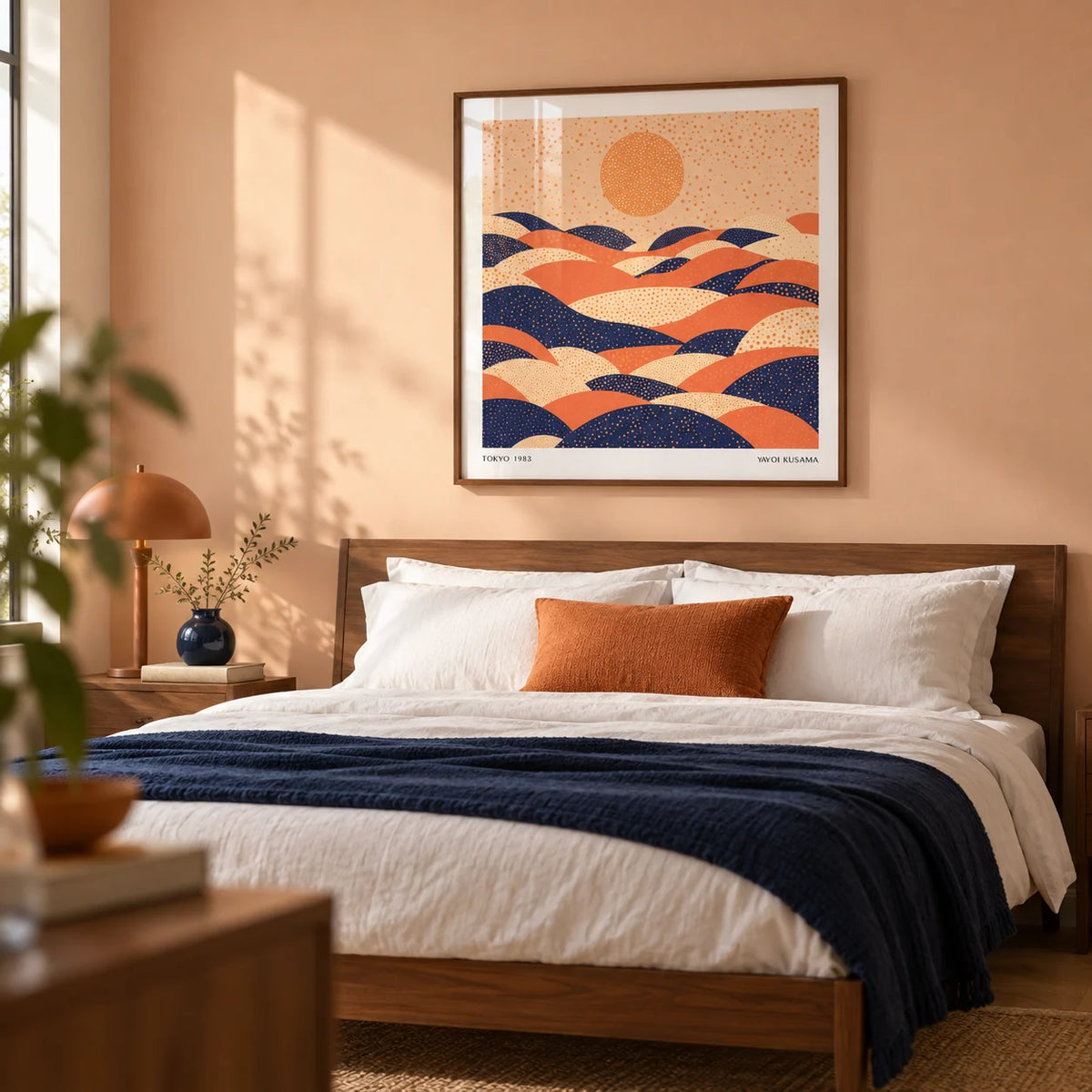 Abstract Wall Art Colorful, framed on the wall of a calm modern bedroom with a soft peach painted wall