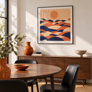 Abstract Wall Art Colorful, framed on the wall of a modern dining room with a white wall
