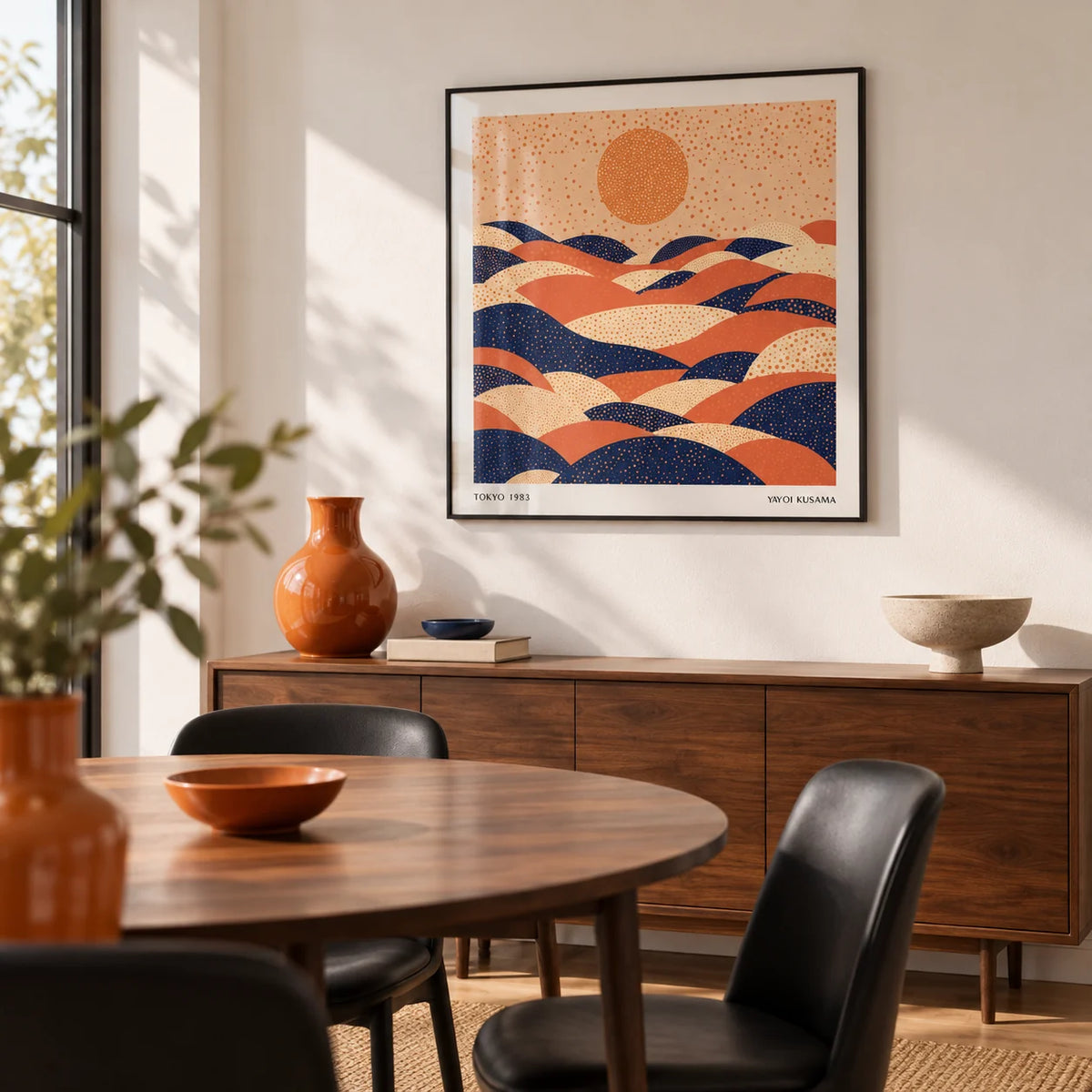 Abstract Wall Art Colorful, framed on the wall of a modern dining room with a white wall