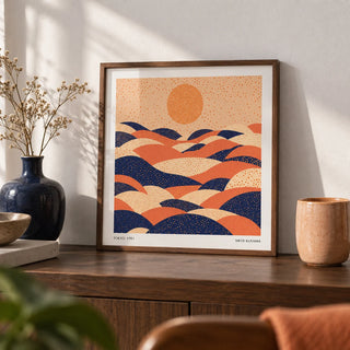 Abstract Wall Art Colorful, a small A4 framed print leaning on a walnut shelf in a living room