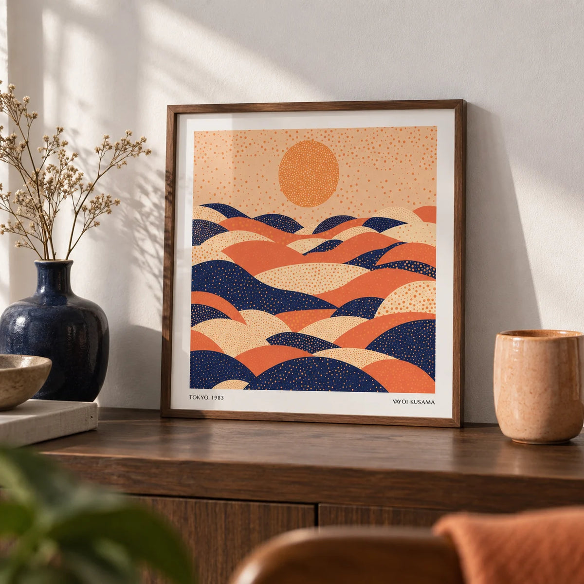 Abstract Wall Art Colorful, a small A4 framed print leaning on a walnut shelf in a living room