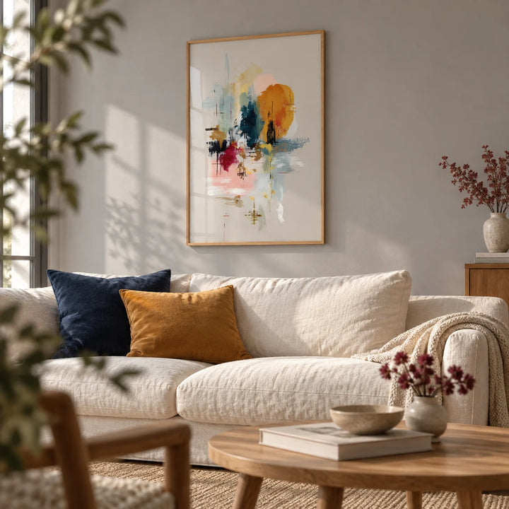 Abstract Wall Art, framed on the wall of a gallery-like living room with a soft grey wall