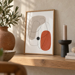 Abstract Wall Poster, a small A4 framed print leaning on an oak shelf in a living room