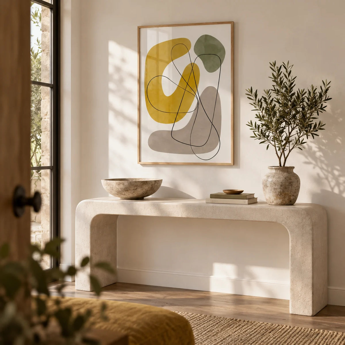 Abstract Wall Print, framed on the wall of a calm entryway with a soft white wall